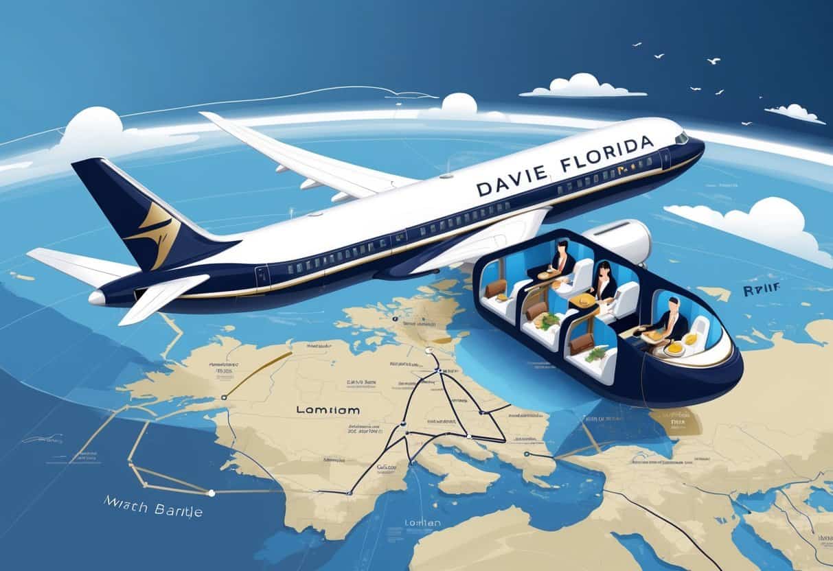 An airplane flying above a map showing a route from Davie, Florida to Europe with passengers enjoying a spacious business class cabin.