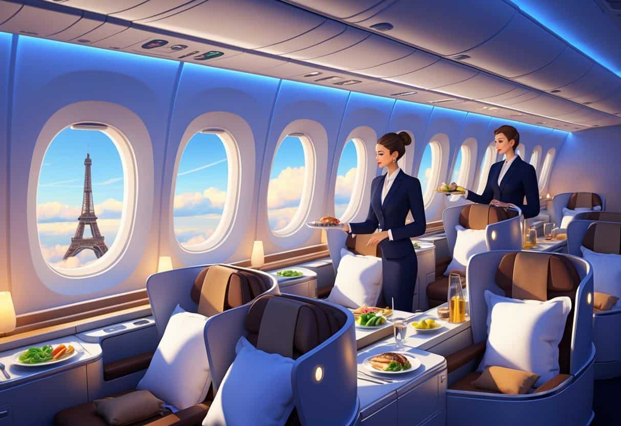 An airplane business class cabin with spacious seats and flight attendants serving passengers, showing a flight path from Davie, Florida to Europe with landmarks visible outside the windows.