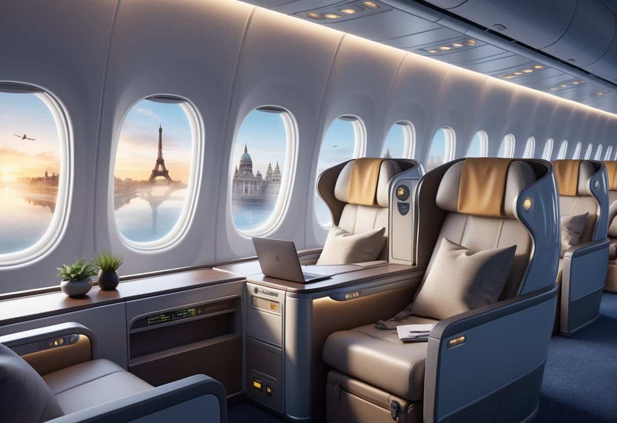Interior of a business class airplane cabin with comfortable seats and a window view showing a flight path from Cleveland to Europe with famous landmarks.