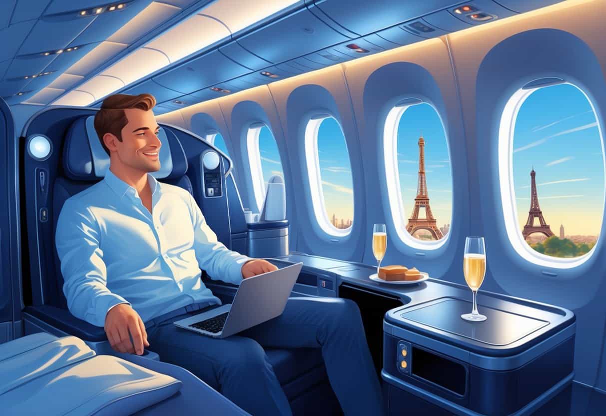 Interior of a luxurious business class airplane cabin with comfortable seats and large windows showing famous European landmarks in the distance.