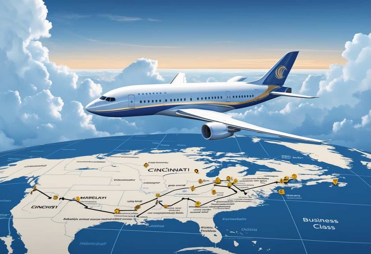 An airplane flying over a map showing a flight route from Cincinnati, Ohio to Europe with major cities marked.