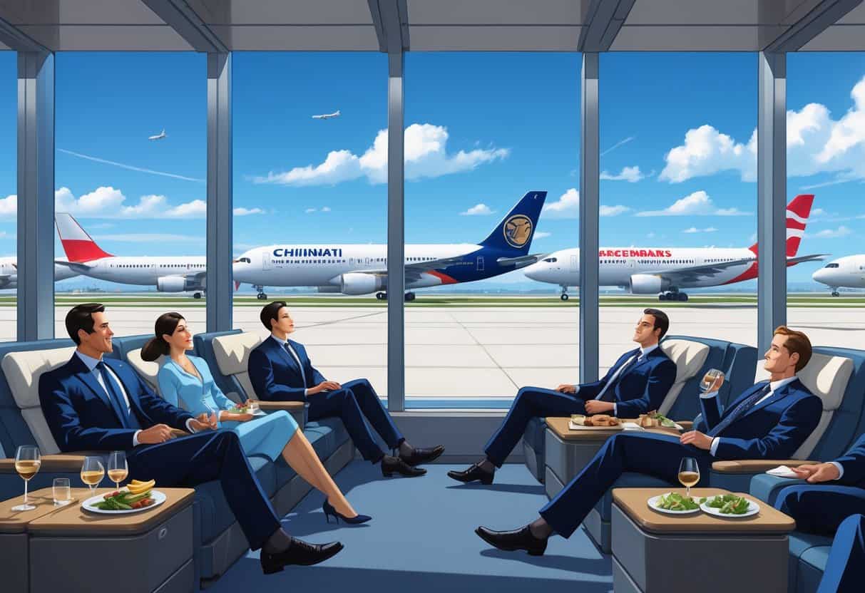 Business travelers relaxing in a modern airport lounge with airplanes visible outside the windows.