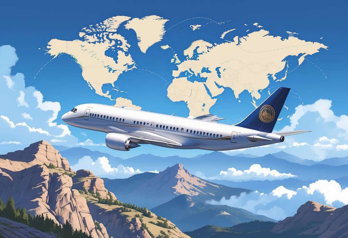 An airplane flying above the Rocky Mountains near Colorado Springs with a faint map of Europe in the sky.