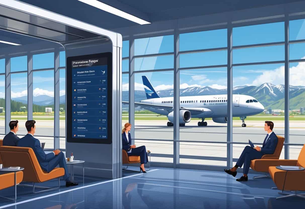 A busy airport lounge with business travelers waiting near a gate showing flights from Colorado Springs to Europe, with an airplane on the runway and mountains in the background.