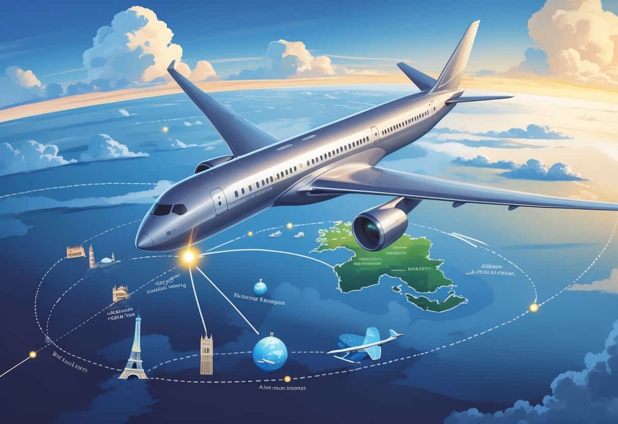 An airplane flying over a map from Des Moines, Iowa to Europe, showing European landmarks and a luxurious business class cabin interior.