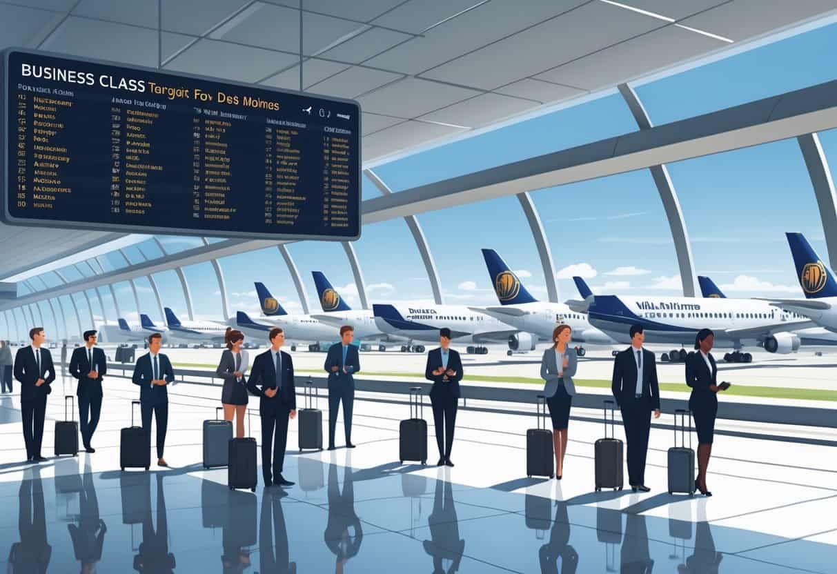 Airport terminal with business travelers and airplanes preparing for flights from Des Moines to Europe.