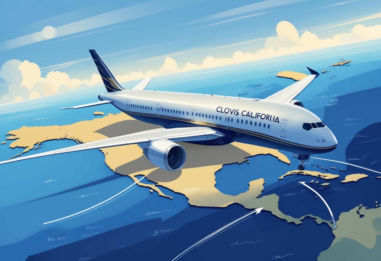 An airplane flying over a map showing a route from Clovis, California to major cities in Europe.