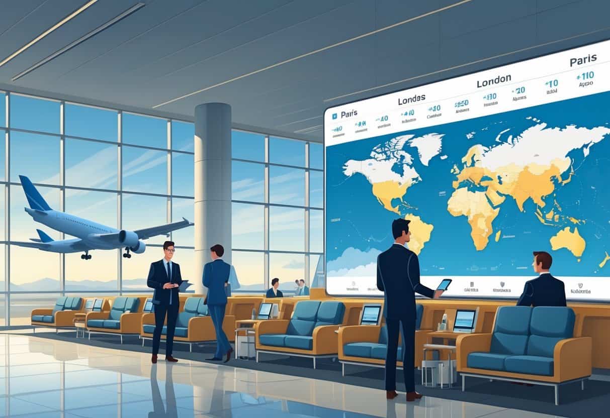 Travelers in a business class airport lounge reviewing flight options with an airplane taking off outside and a map showing a route from Clovis, California to Europe.