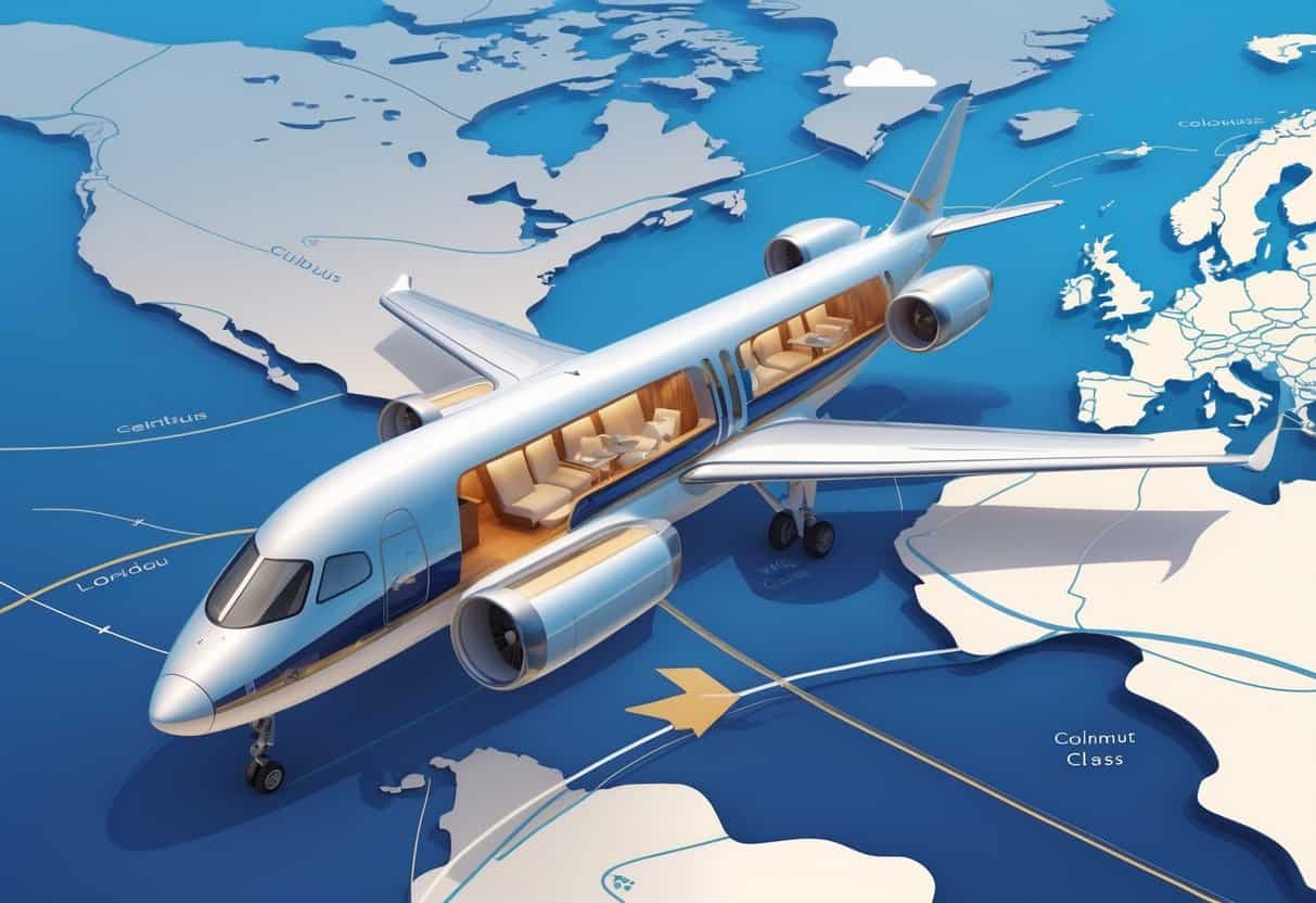 An airplane flying above a map showing a flight route from Columbus, Georgia to Europe with visible business class seating inside the plane.