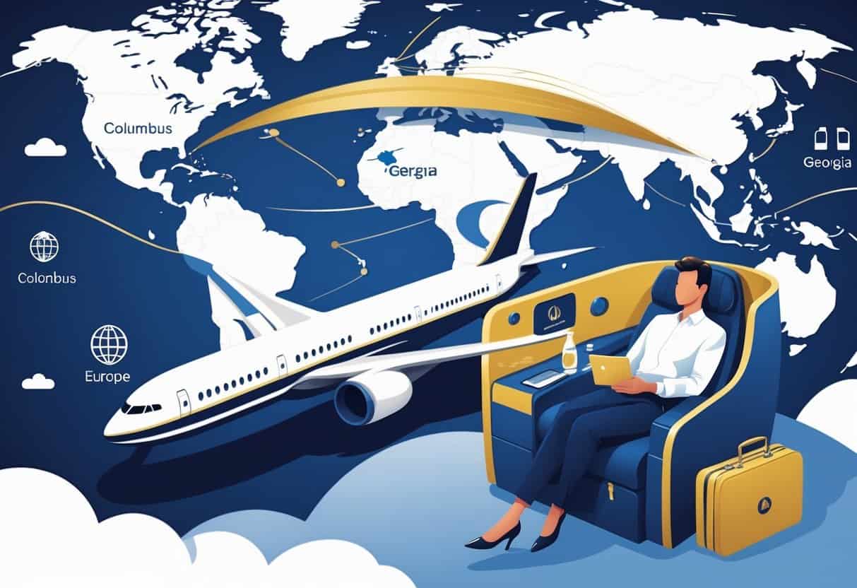An airplane flying above a map showing a route from Columbus, Georgia to major European cities, with a business class cabin interior and travel-related icons.