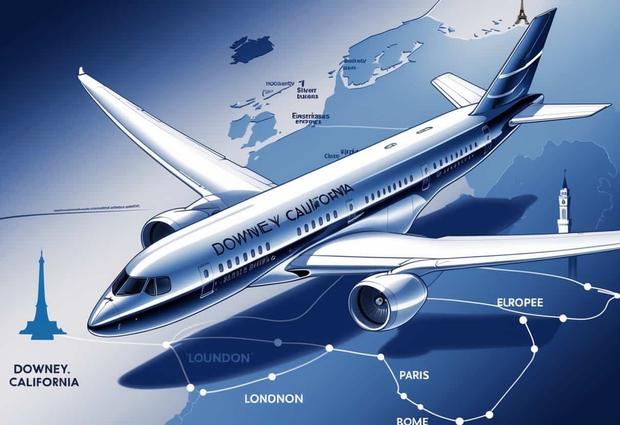 A business class airplane flying over a map from Downey, California, to major cities in Europe with landmarks like the Hollywood sign and the Eiffel Tower in the background.