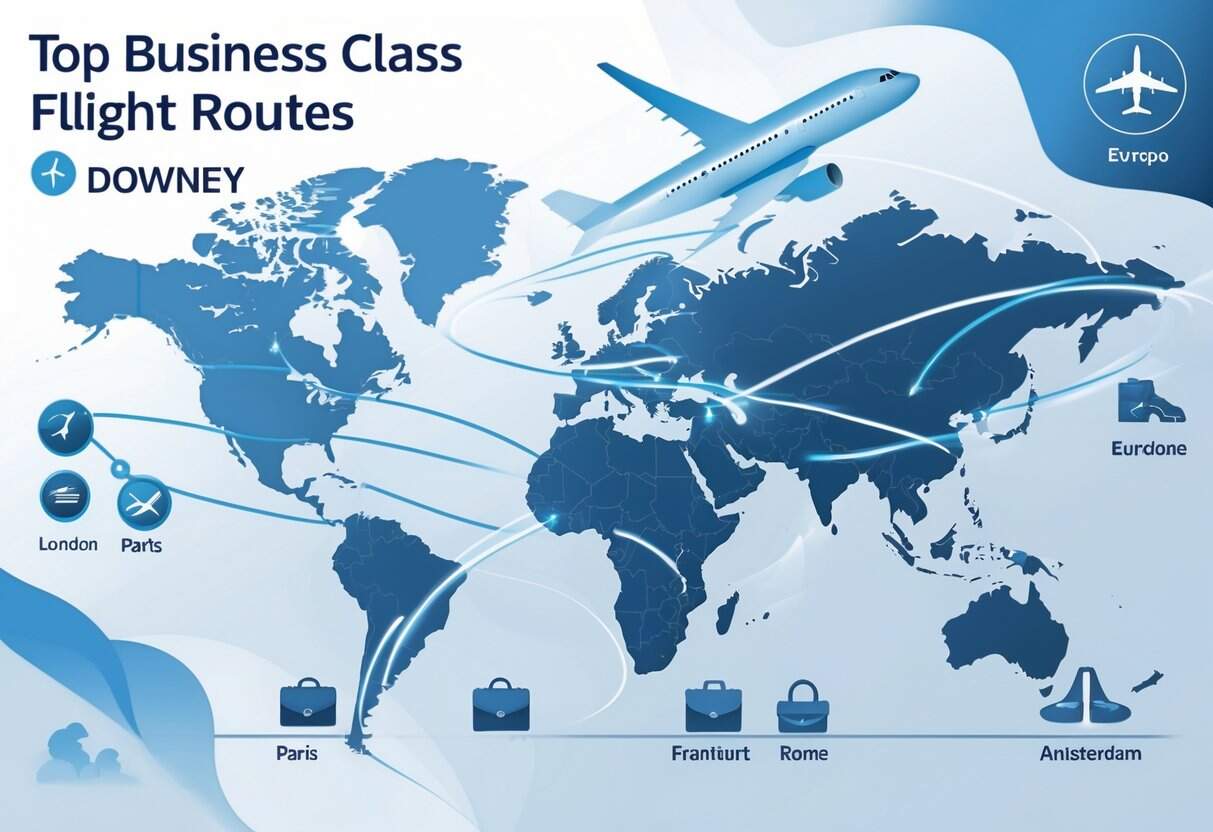 A map showing flight routes from Downey, California to major European cities with curved lines connecting the locations.