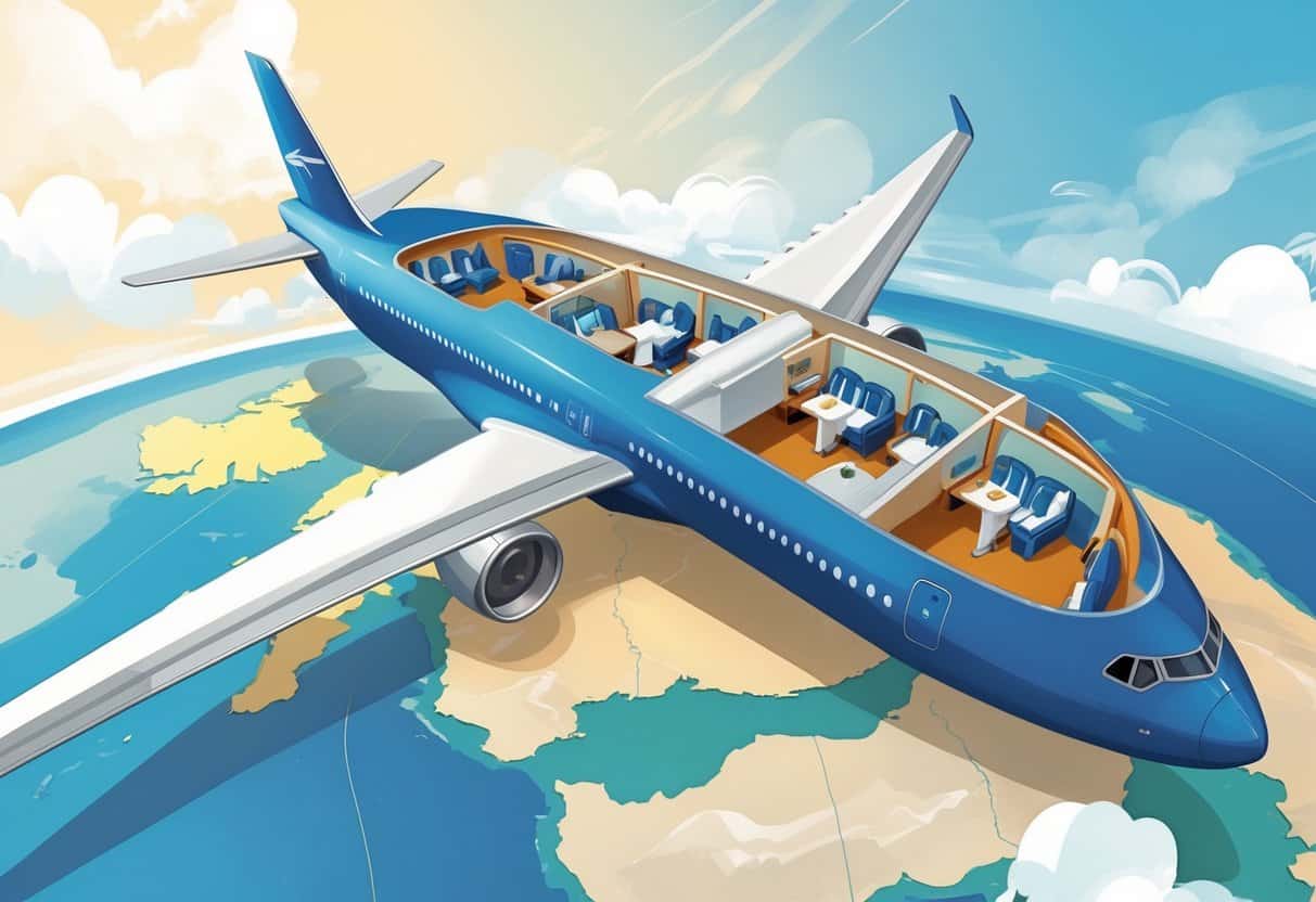 An airplane flying over a map showing a route from Edinburg, Texas to Europe, with visible European landmarks and a cutaway view of a business class airplane cabin with passengers relaxing.