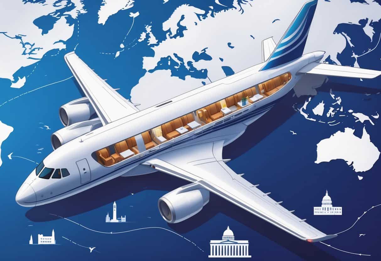 An airplane flying over a map showing a route from Edison, New Jersey to major European cities with landmarks like the Eiffel Tower and Big Ben visible.