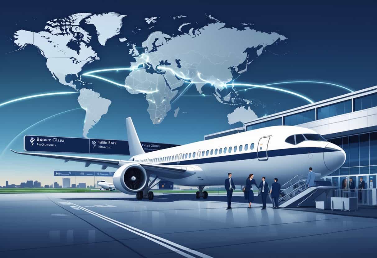 A business class airplane at an airport gate with passengers boarding, and a map showing flight routes from Edison, New Jersey to Europe in the background.