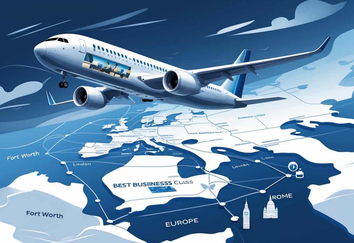 An airplane flying above a map showing a route from Fort Worth, Texas to major cities in Europe with visible business class seats inside the plane.