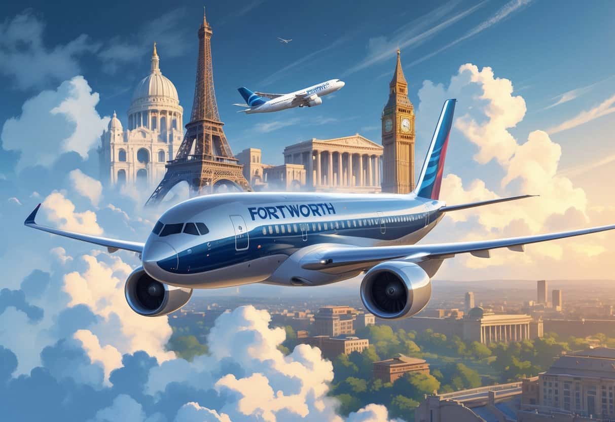 An airplane flying over Fort Worth city towards famous European landmarks in the sky, representing business class travel from Texas to Europe.