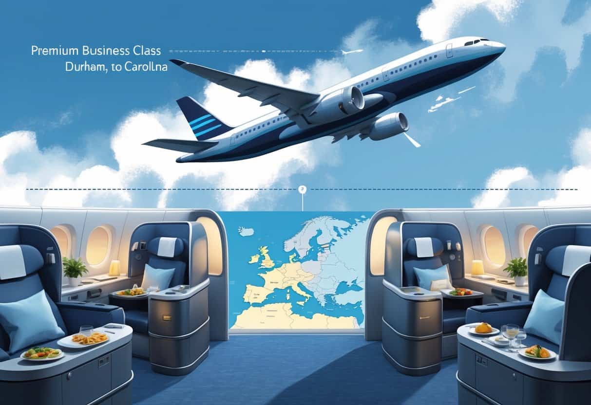An airplane flying over a map showing a route from Durham, North Carolina to Europe with European landmarks and a view of a luxurious business class airplane cabin.