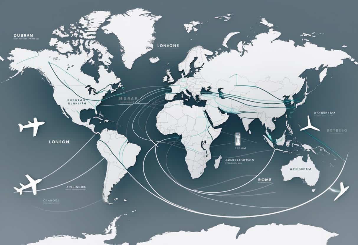 A world map showing flight routes from Durham, North Carolina to major cities in Europe, with highlighted paths indicating business class connections.