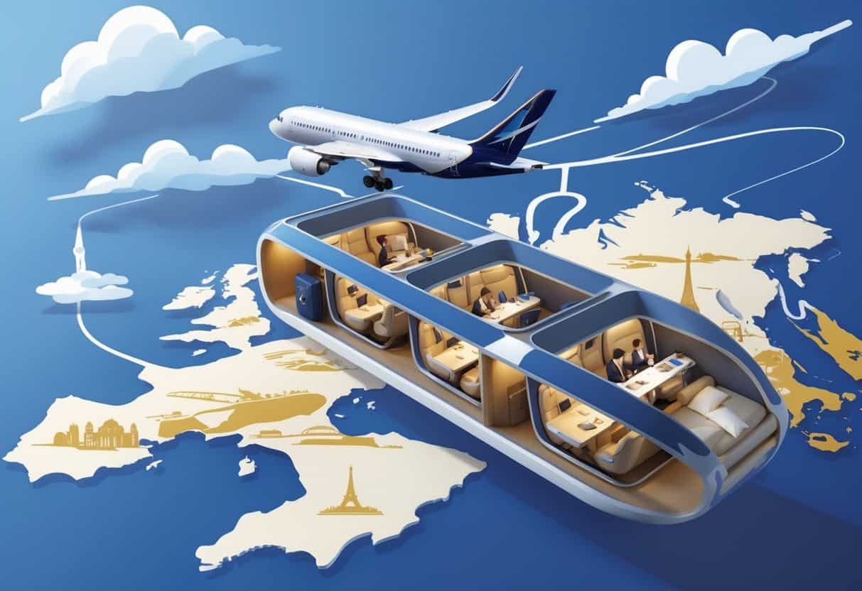 An airplane flying over a map from Elizabeth, New Jersey to famous European landmarks, with a visible luxurious business class cabin inside.