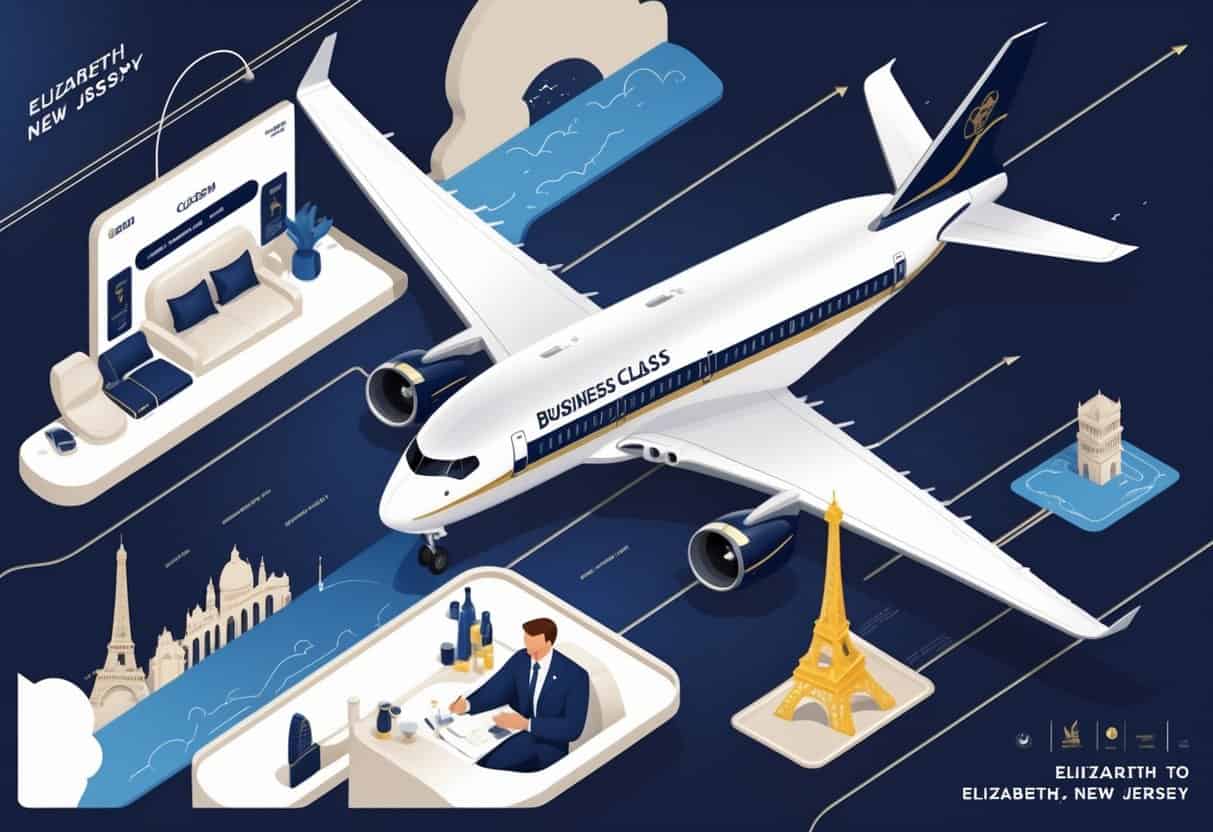 An airplane flying over a map showing a route from Elizabeth, New Jersey to Europe, surrounded by business class travel elements and European landmarks.