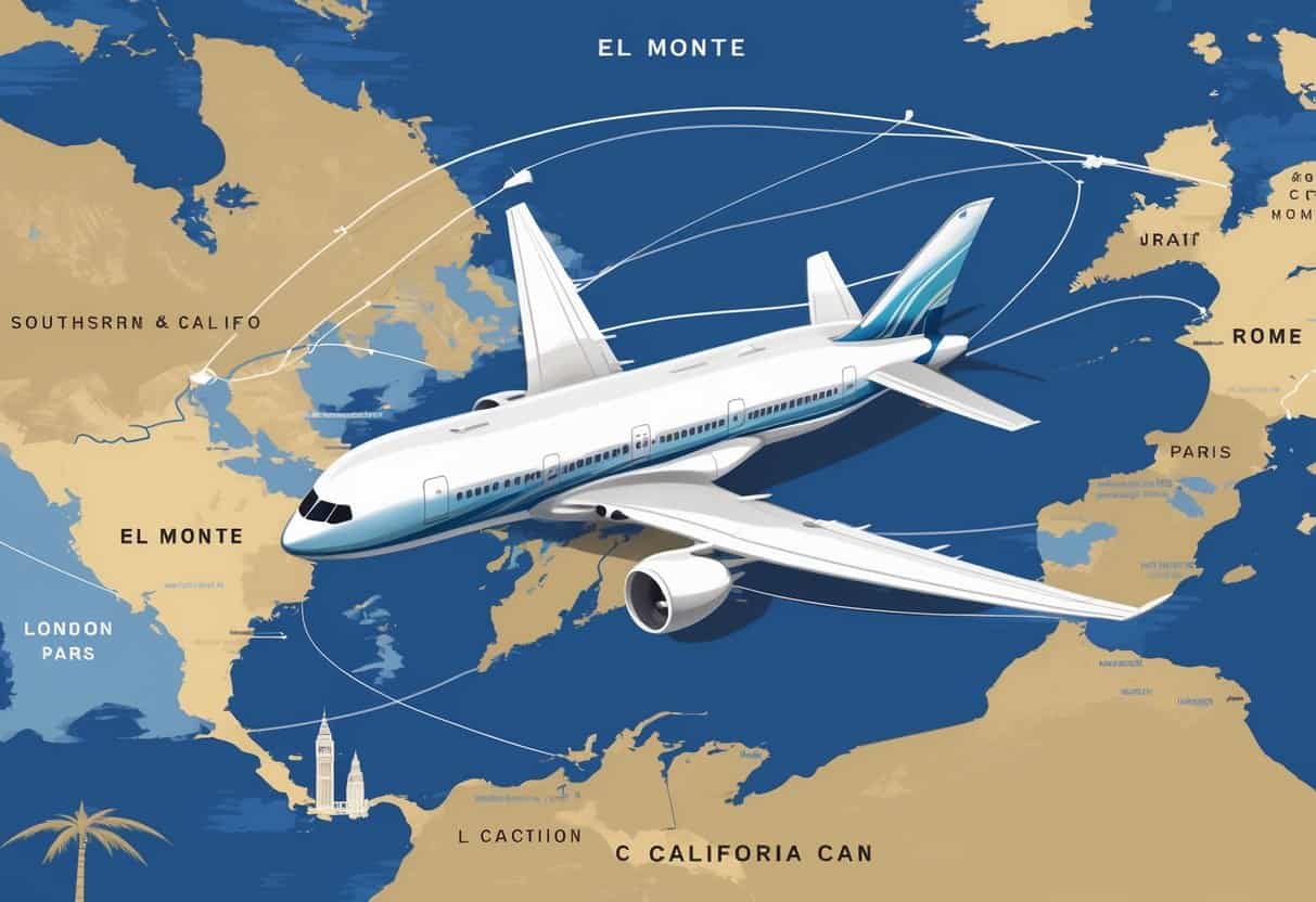 An airplane flying above a map showing a route from El Monte, California to Europe with landmarks like the Eiffel Tower and Big Ben visible.