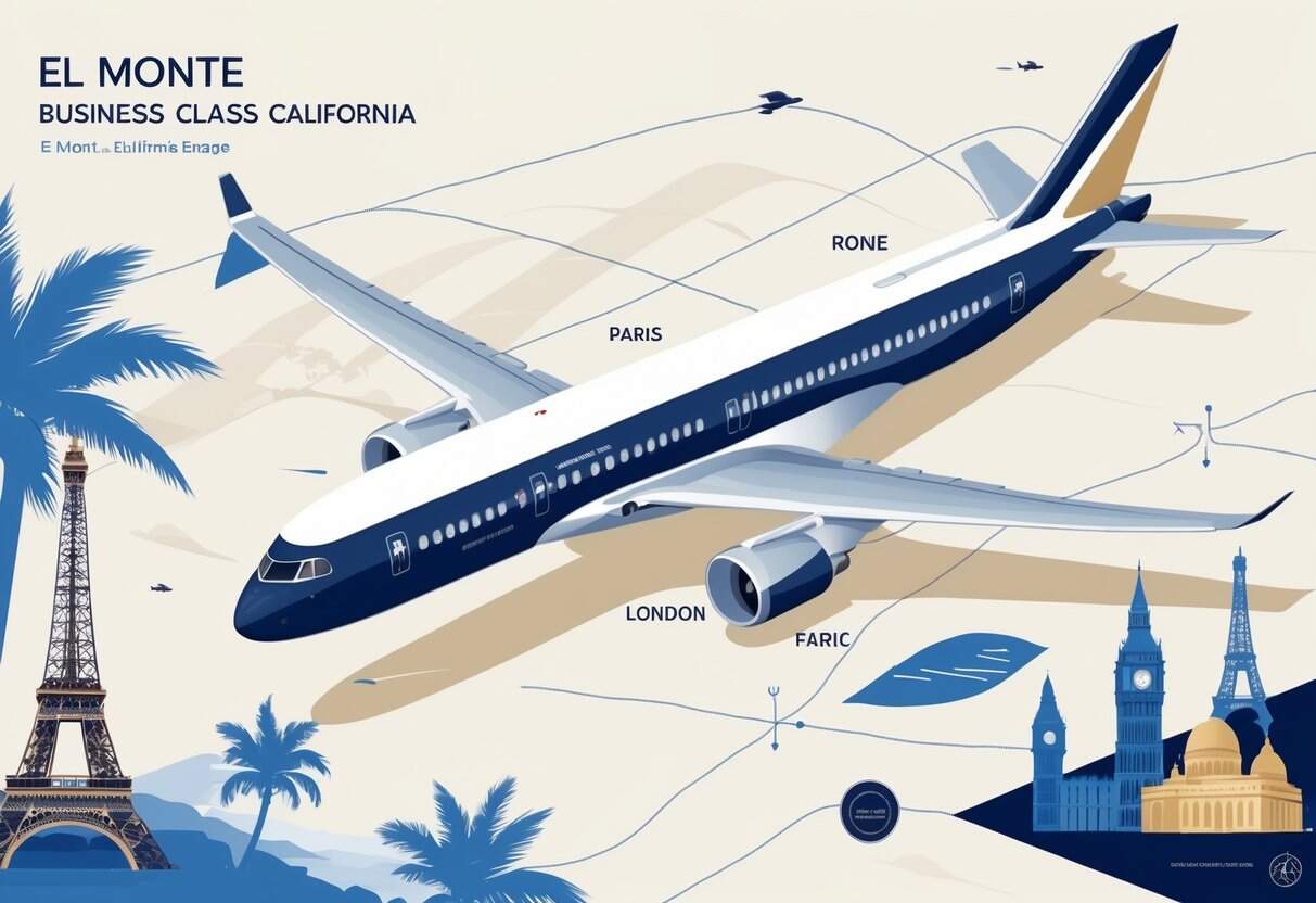 An airplane flying over a map from El Monte, California to Europe with landmarks like the Eiffel Tower and Big Ben visible.
