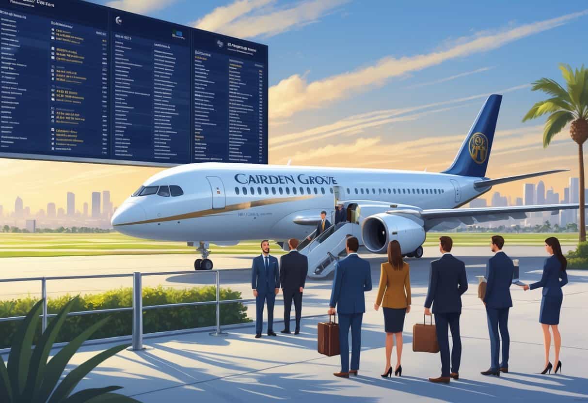 An airport terminal with business travelers boarding a plane, a departure board showing flights to Europe, and a sunny California landscape in the background.