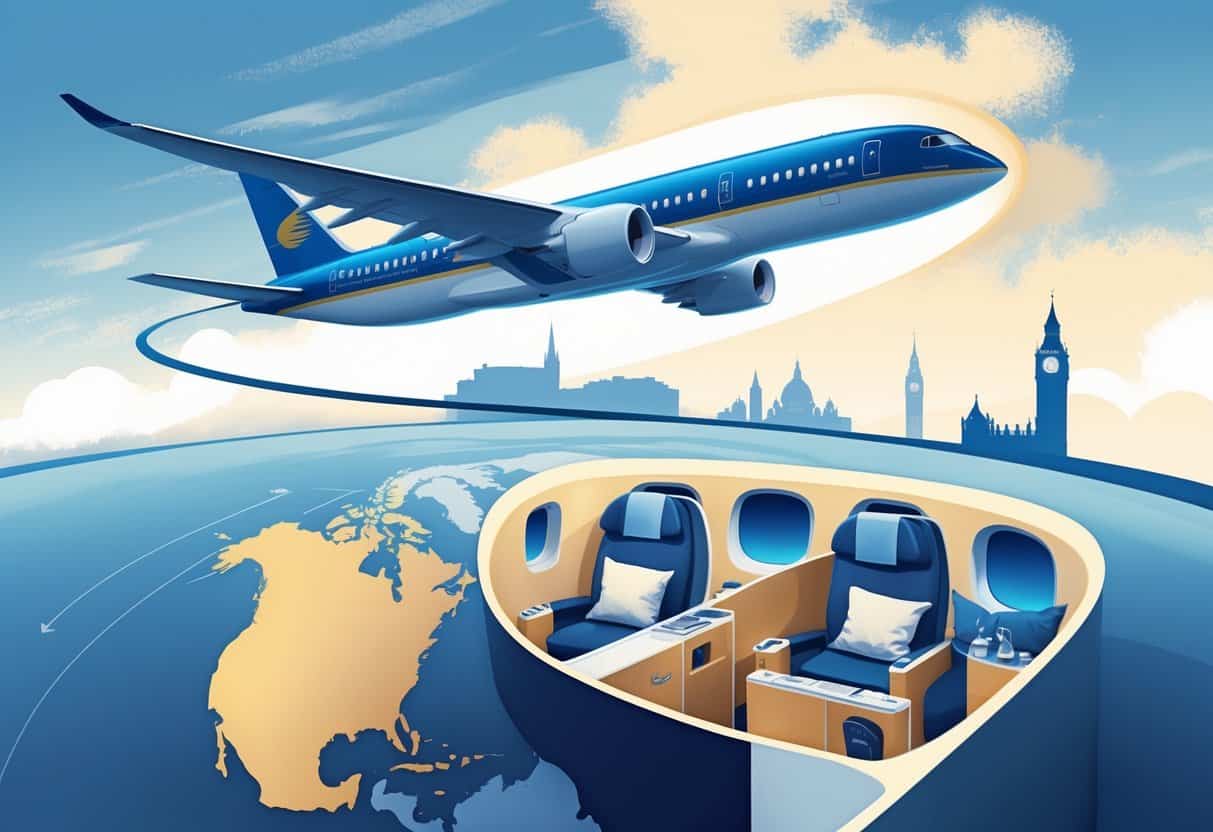 An airplane flying from Evansville, Indiana toward Europe with a map showing the flight path and business class seats inside the plane.