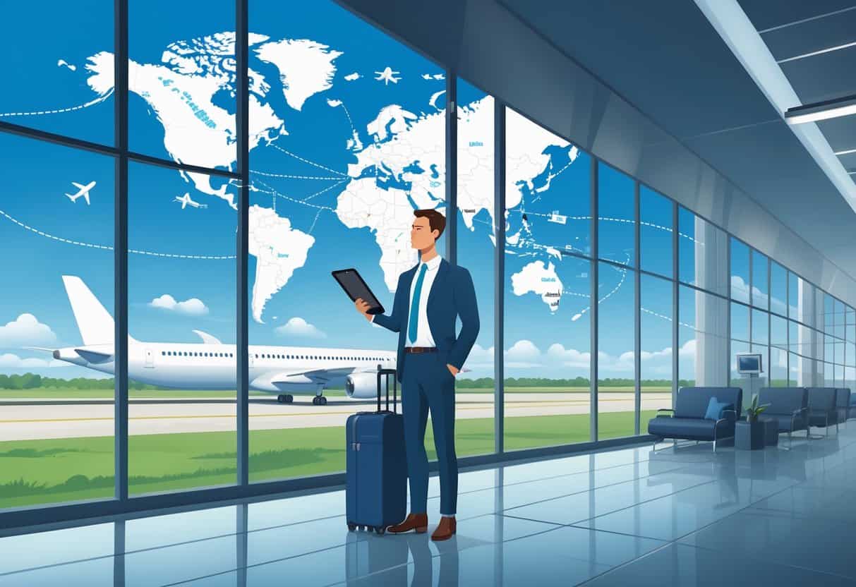 A business traveler at an airport terminal looking at flight options on a tablet, with a plane on the runway and a map showing routes from Evansville to Europe in the background.