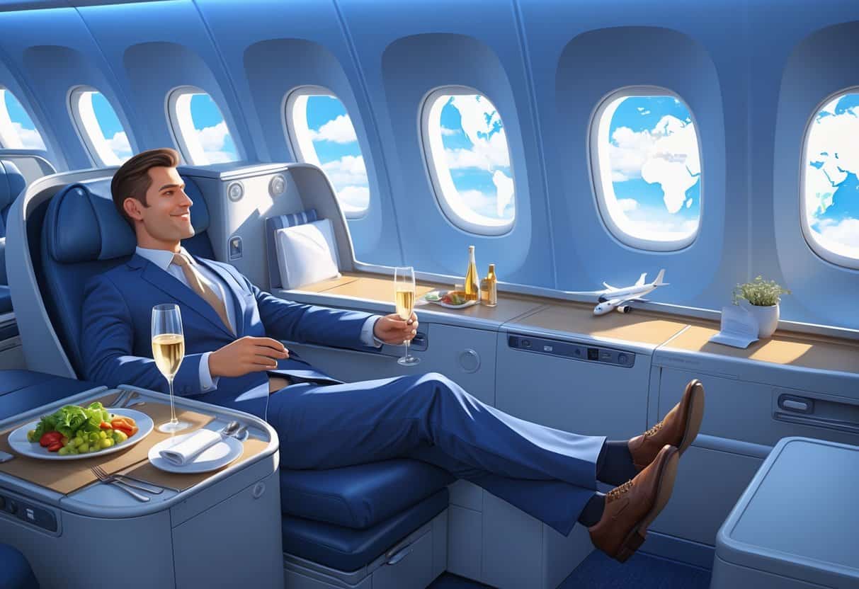 A business traveler relaxing in a spacious airplane cabin with large windows showing a blue sky and clouds, enjoying a meal in a comfortable business class seat.