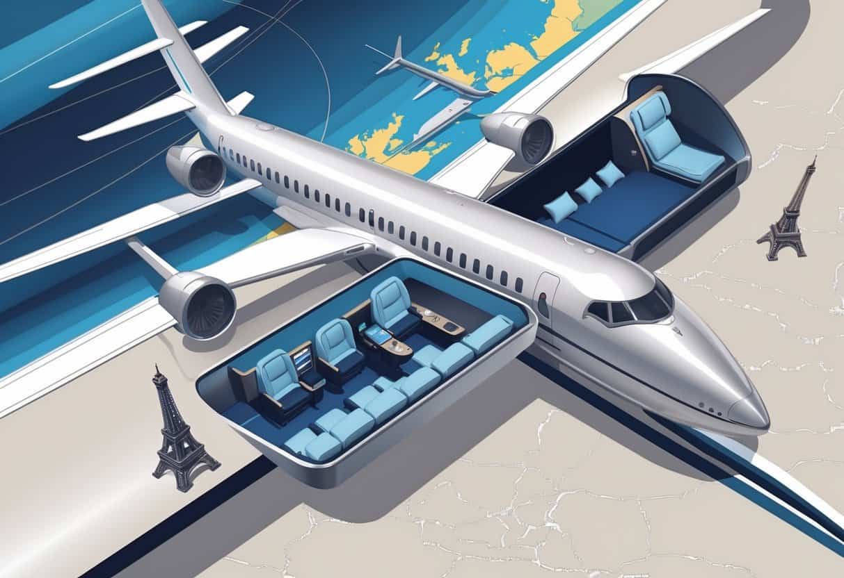 An airplane flying over a map from the Midwest United States to Europe with visible business class seats and European landmarks in the background.