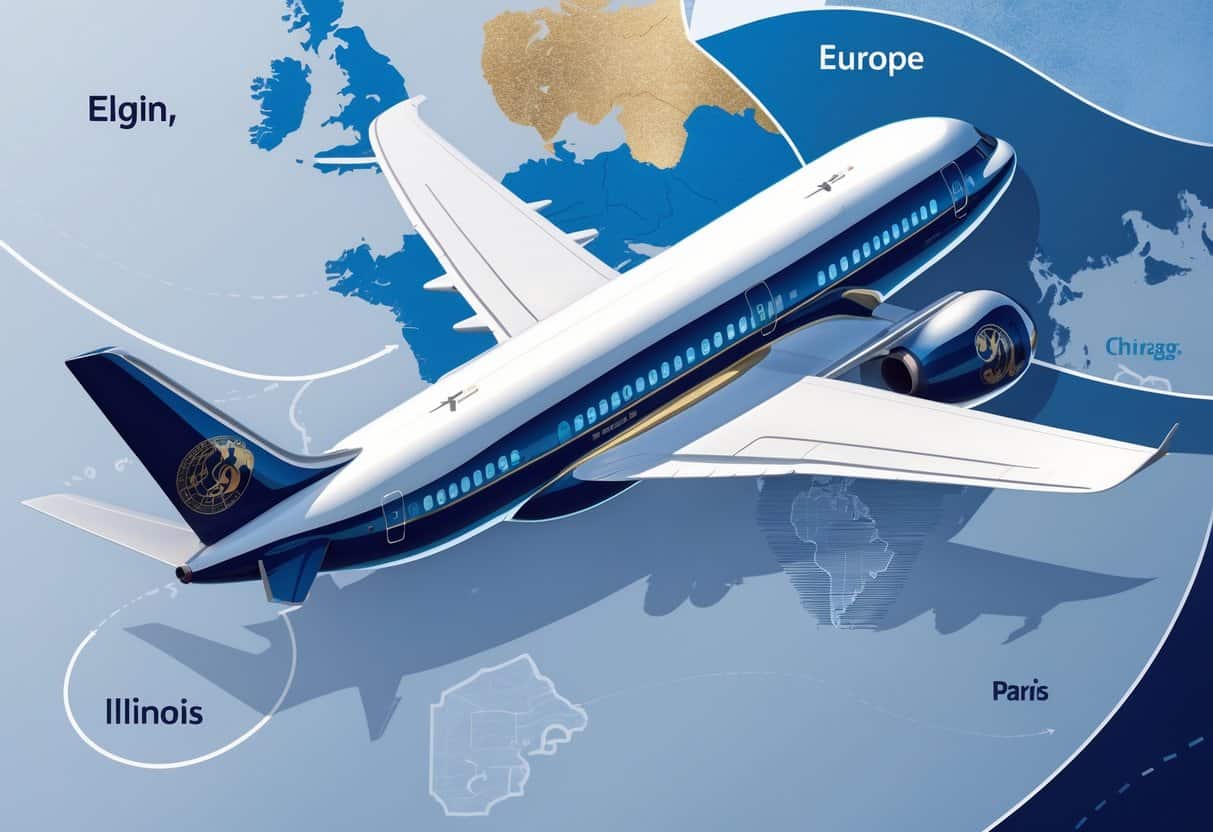 An airplane flying over a map showing Elgin, Illinois and major European cities, with visible luxury business class seating and landmarks from both locations.