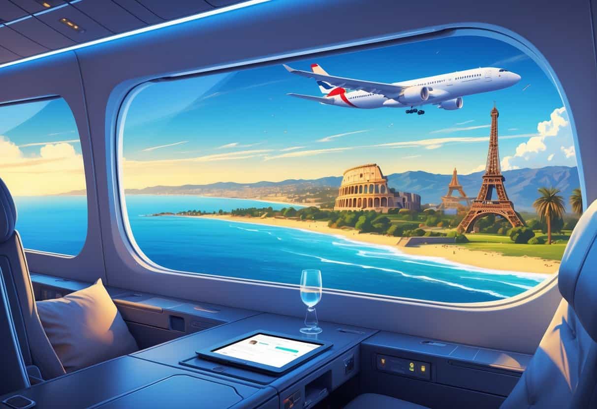 A business class airplane cabin with a passenger inside flying over a landscape transitioning from California coastline to famous European landmarks like the Eiffel Tower, Big Ben, and the Colosseum.