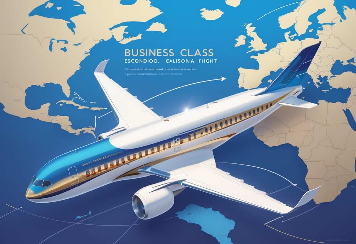 An airplane flying over a map from Escondido, California to Europe with visible business class seats and passengers enjoying luxury travel amenities.