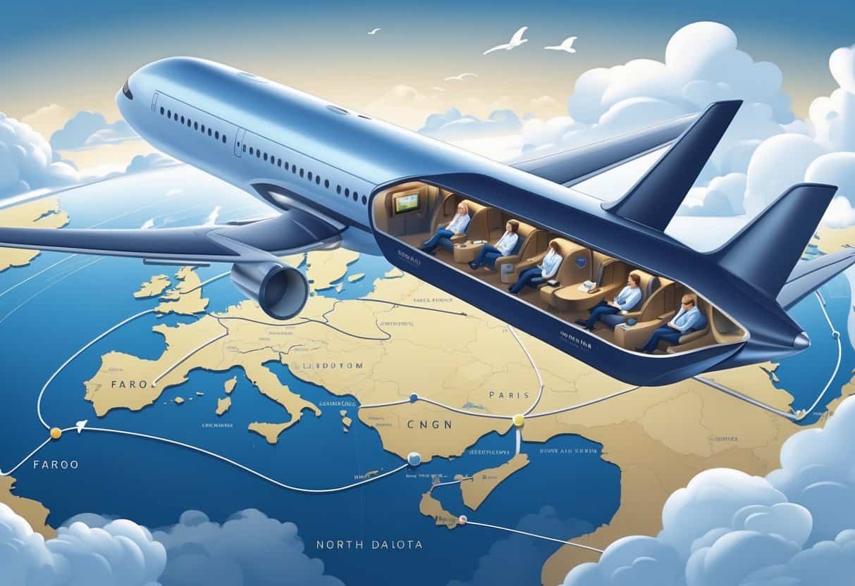 An airplane flying above a map showing a route from Fargo, North Dakota to Europe, with a glimpse of a spacious business class cabin inside the plane.