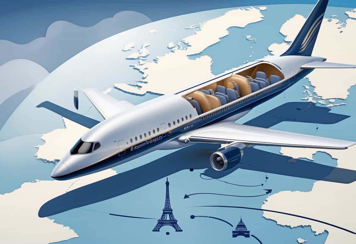 An airplane flying over a map showing a flight route from Fargo, North Dakota to Europe with European landmarks visible below.