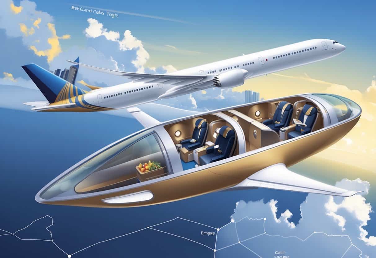An airplane flying over a map from Grand Prairie, Texas to Europe, showing business class passengers enjoying a comfortable flight with European landmarks in the background.