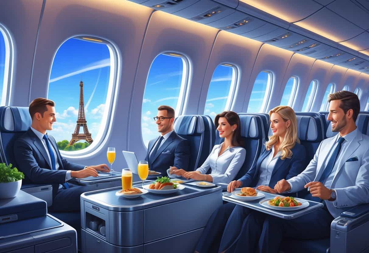Inside a business class airplane cabin with passengers working and relaxing, windows showing European landmarks and a flight path map from Texas to Europe.