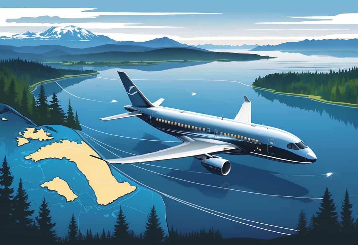 A business class airplane flying over a map showing the route from Everett, Washington to major cities in Europe with landmarks from both regions in the background.