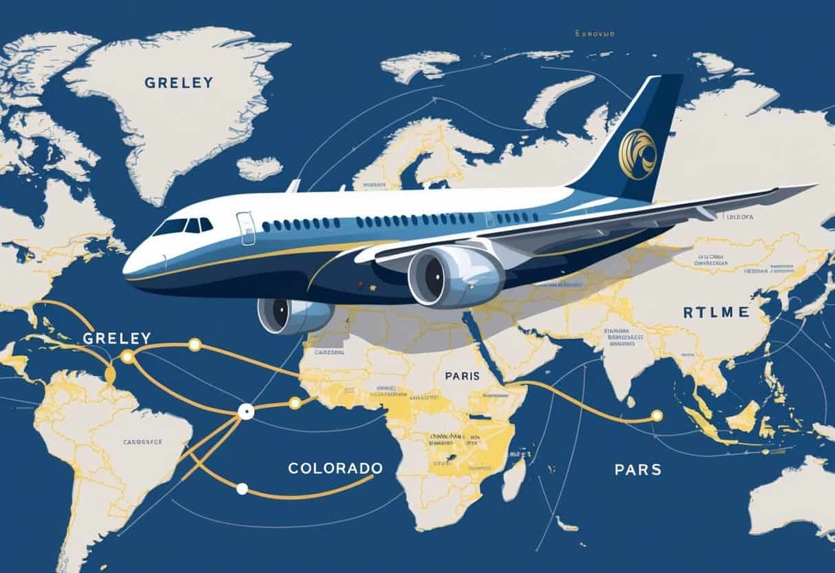 An airplane flying over a map showing flight routes from Greeley, Colorado to Europe with icons representing business class comfort.