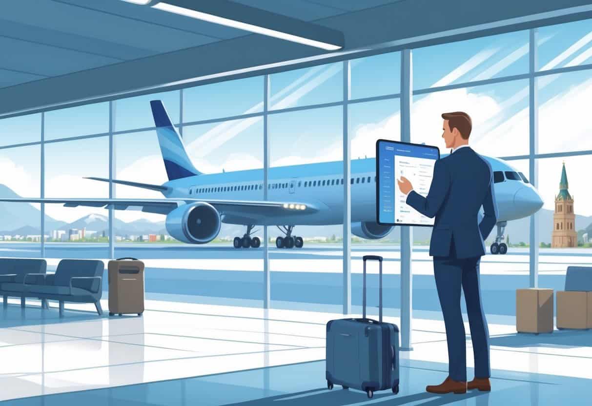 A business traveler using a tablet in an airport terminal with a plane in the background and faint European landmarks on a digital screen nearby.