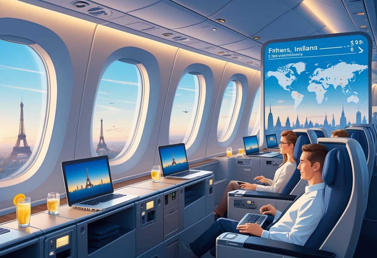 An airplane cabin with spacious business class seats and passengers flying from Fishers, Indiana to Europe, with a flight map and European city landmarks visible outside the windows.