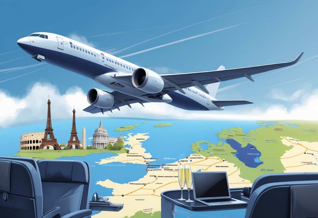 An airplane flying over a map showing Fishers, Indiana and European landmarks with symbols of business class travel like a luxurious seat and a champagne glass.