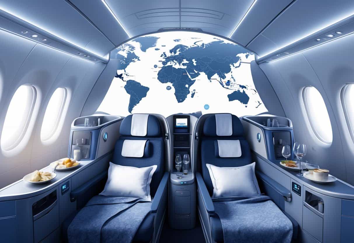 Interior view of a luxurious business class airplane cabin with passengers seated, alongside a map showing a flight route from Fontana, California to several European cities.