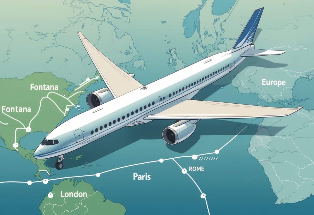 An airplane flying over a map showing a route from Fontana, California to cities in Europe with a business traveler visible inside the plane.