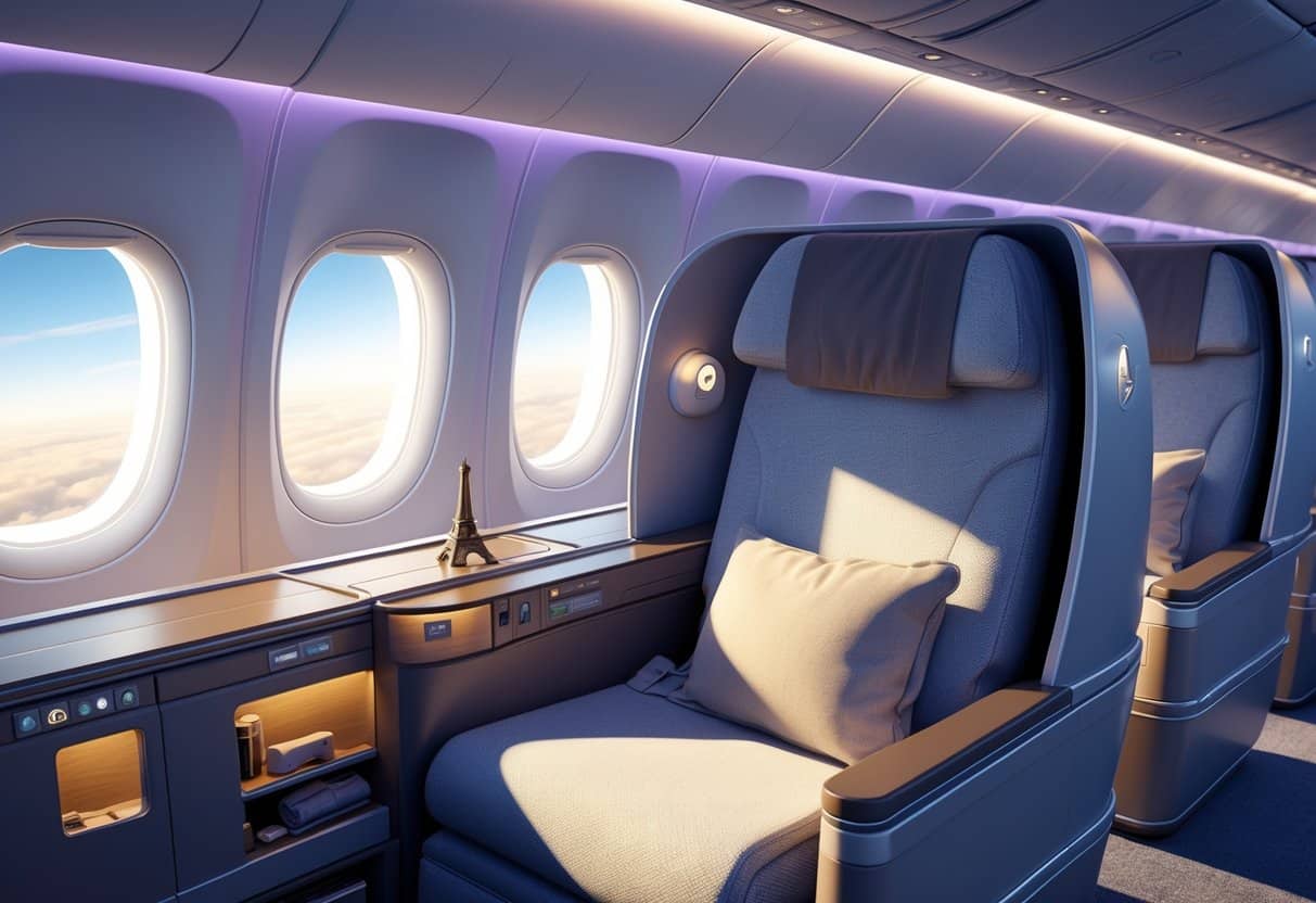 Interior of a business class airplane cabin with comfortable seats and a background map showing a flight route from Fayetteville, Arkansas to Europe with famous landmarks.