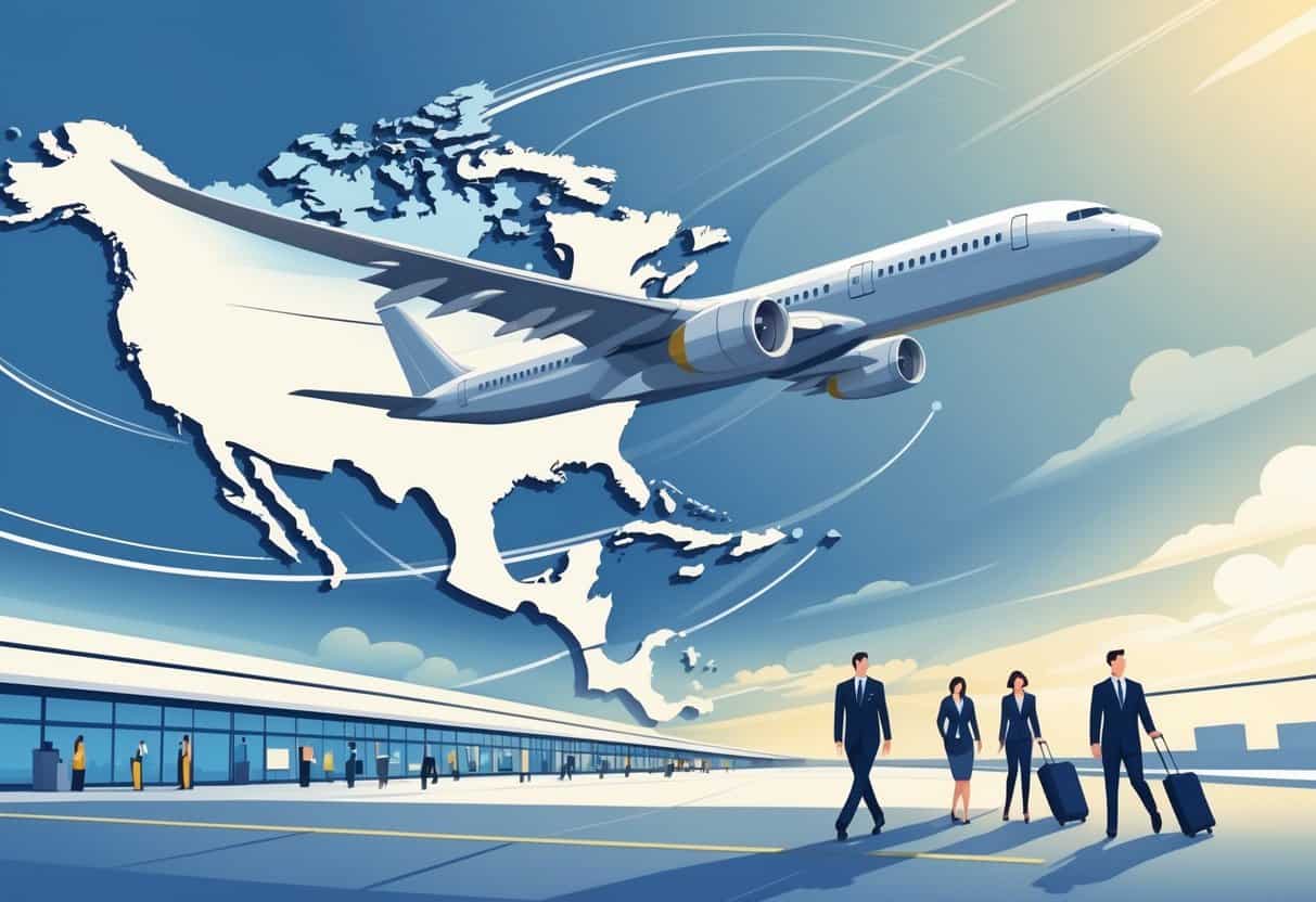 An airplane flying over a map showing the route from Hampton, Virginia to Europe with an airport terminal and business travelers below.