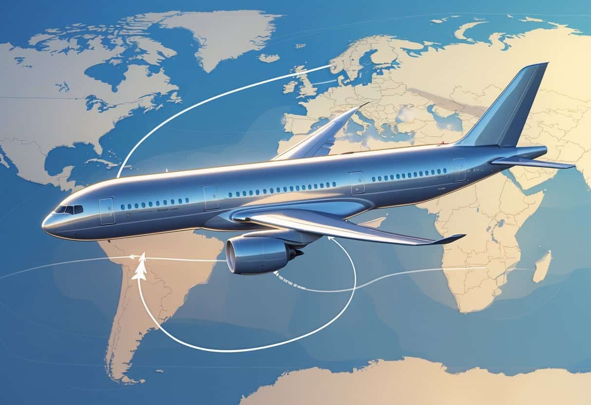 An airplane flying over a map showing a flight route from Hampton, Virginia to Europe.