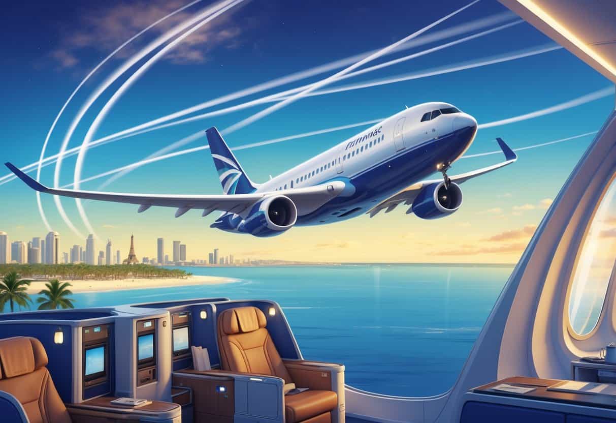 An airplane flying from Fort Lauderdale, Florida to Europe with a business class airplane cabin in the foreground and landmarks like the Eiffel Tower and Big Ben in the background.